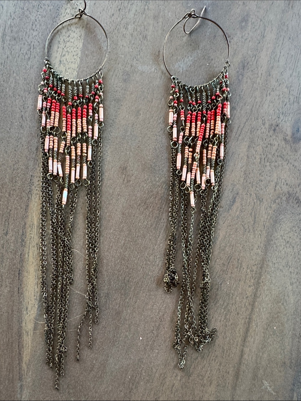 Free People Boho Fringe Hoop Earrings with Pink Beaded Accents